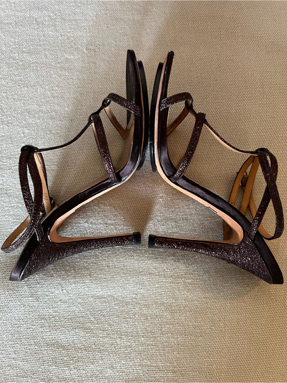 Badgley Mischka Bronze Glitter Strappy T‑Bar Sandals - Picture 4 of 8